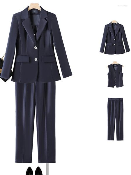Pantaloni da donna a due pezzi Gilet da donna di alta qualità Blazer e tailleur pantalone Rosa Bianco Navy Office Ladies Business Work Wear Set formale da 3 pezzi