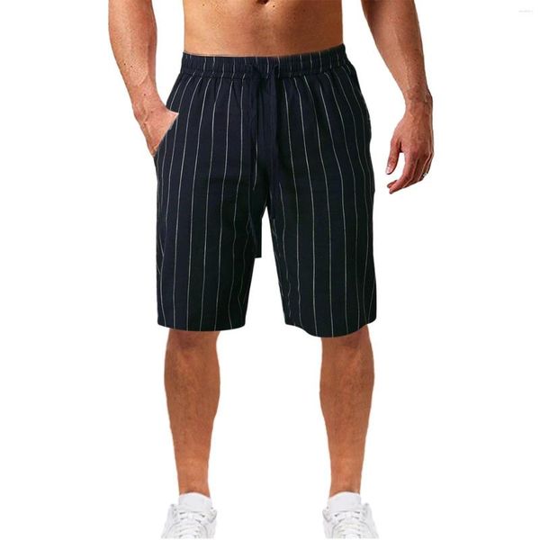 Männer Shorts Sommer Vertikale Streifen Gebunden Elastische Taille Baumwolle Beachwear Lässige Soziale Männliche Strand Kurze Outdoor Hosen