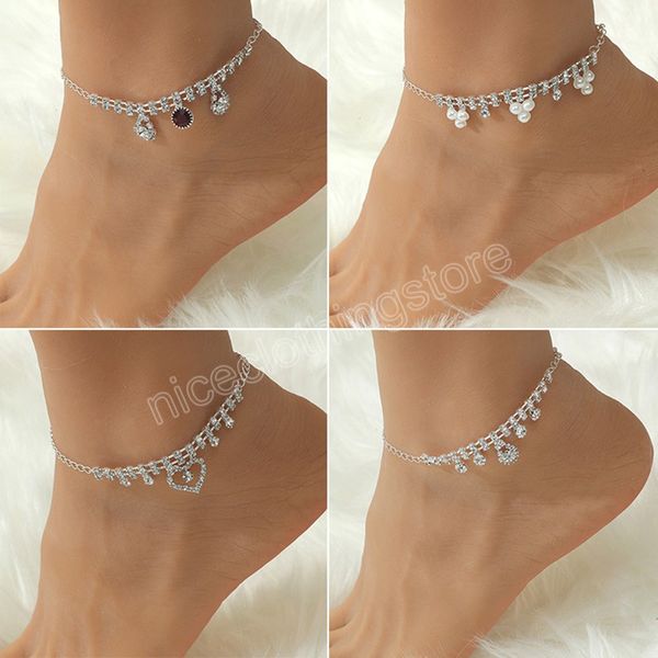 Charm Shining Strass Pearl Tornozelo Bracelet for Women Hollow Out Heart Shape Foot Chain Summer Beach Jewelry Accessories