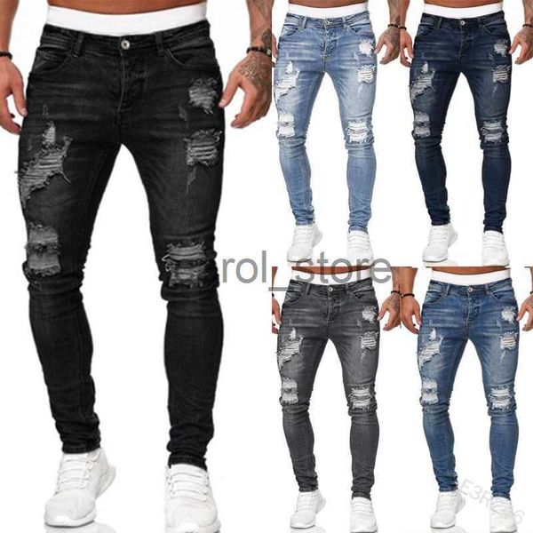 Erkekler Kot 2023 Yeni Erkekler Sıska Yırtık Kot Moda Izgara Yamaları İnce Fit Streç Sıradan Denim Kalem Pantolon Sport Jogging Pantolon Black J230806