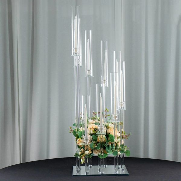 só pode usar vela led) Suporte de pedestal floral de candelabro de cristal de 9 braços, suporte de vela quadrado de furacão