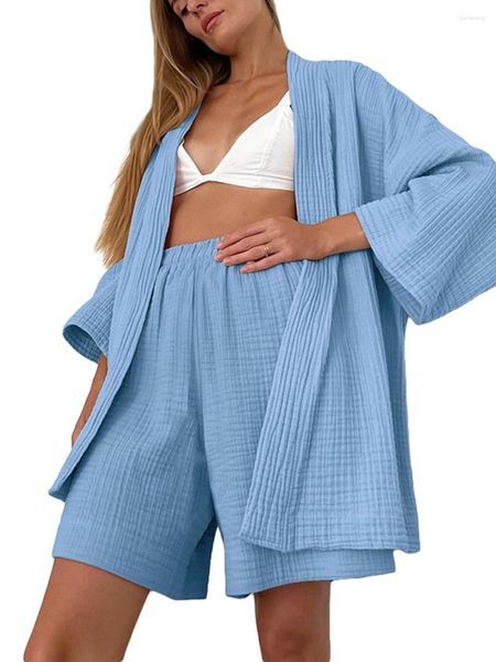 Damen-Nachtwäsche, Damen-Pyjama-Set, 3/4-Ärmel, vorne offener Bademantel mit Shorts und Gürtel, Loungewear