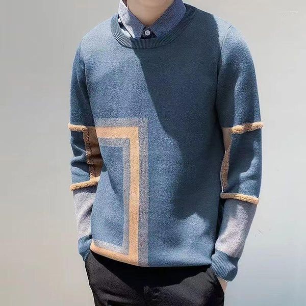 Мужские свитеры мужчины ложные два длинных рукава пулвер свитера осень зимний дизайн моды стильный футболка в стиле корея мужская одежда