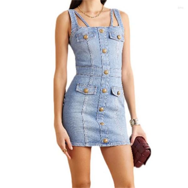 Casual Jurken Zomerjurk Vrouw 2023 Trendy Y 2k Vintage Gewassen Metalen Knop Decoratie Mini Rok Katoen Denim Grote Naam Mouwloze Top