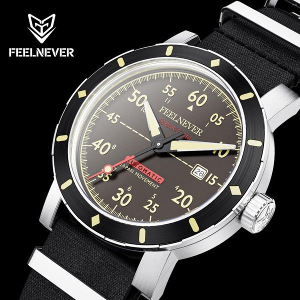 Relógios de pulso FeelNever 2023 Esportes ao ar livre profissionais 8215 Relógios mecânicos automáticos masculinos Sapphire 50Bar Diving Nylon Strap Reloj Hombre