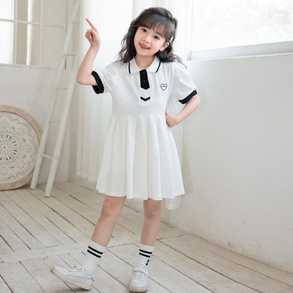 Mädchen Kleider 2023 Korea Sommer Baumwolle Gilrs Kleidung POLO Kragen Preepy Prinzessin Kleid Casual Lose Lange Teenager Falten Rock 9 12 jahr