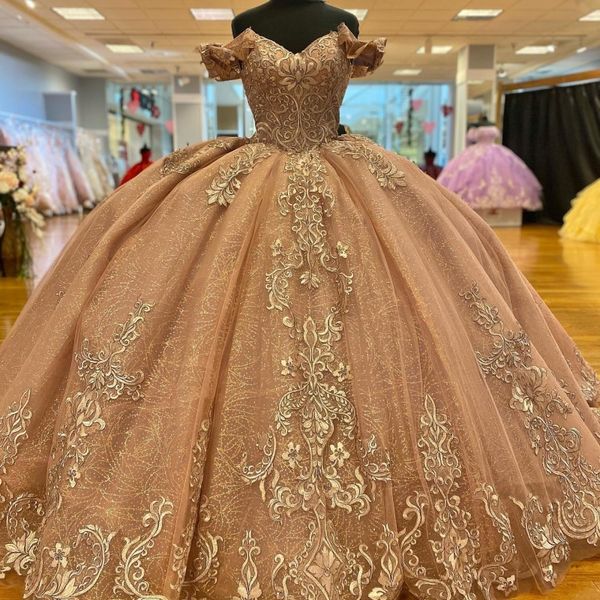 Розовое золото сексуальные v-образные платья Quinceanera платья с мячом аппликации кружев