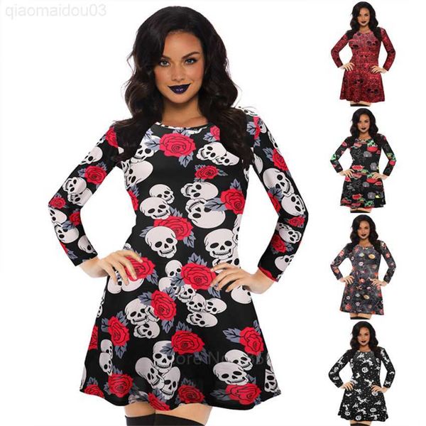 Costume a tema Vieni Abbigliamento di Halloween Abito casual da donna Abito a maniche lunghe con stampa teschio Abbigliamento di Halloween Party O Collo Mini abiti Ghost Witch L230804