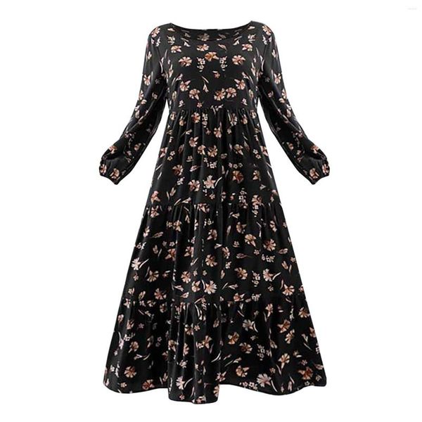 Vestidos Casuais Senhoras Tamanho Grande Decote Redondo Estampa Floral Primavera e Verão Manga Longa Fechamento Punho Cintura Alta Vestido Linha A