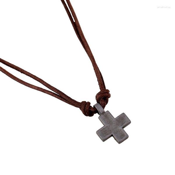 Anhänger Halsketten Retro Echtleder Halskette mit Kreuz Braune Kette Einstellbar für Männer Männlicher Schmuck