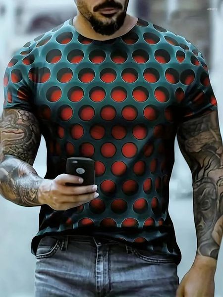 Camisetas Masculinas 3D Densas Padrão de Buraco Ilusão de Visão Casual Ligeiramente Elástica Manga Curta Esportes Gráfico Roupas para o Verão Ao Ar Livre