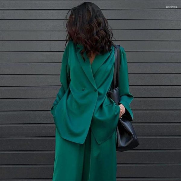 Женские брюки с двумя частями зеленый случайный пиджак для женщин элегантный атласный пальто с длинным рукавом и брюки.