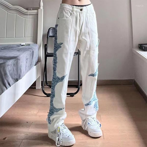 Jeans masculino 2023 com furo reto quebrado street fashion design casual adesivo lateral cor contraste branco calças soltas grandes