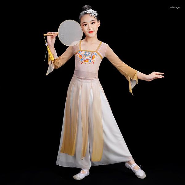 Bühnenkleidung Kinder Klassisches Yangko-Tanzkleid Mädchen Langarm Han Tang Chinesischer Windschirm Volkskostüm