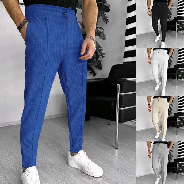 Männer Hosen Frühling Sommer Männer Mode Waffel Kordelzug Sport Casual Einfarbig Gerade Männliche Elastische Taille Business-Hose