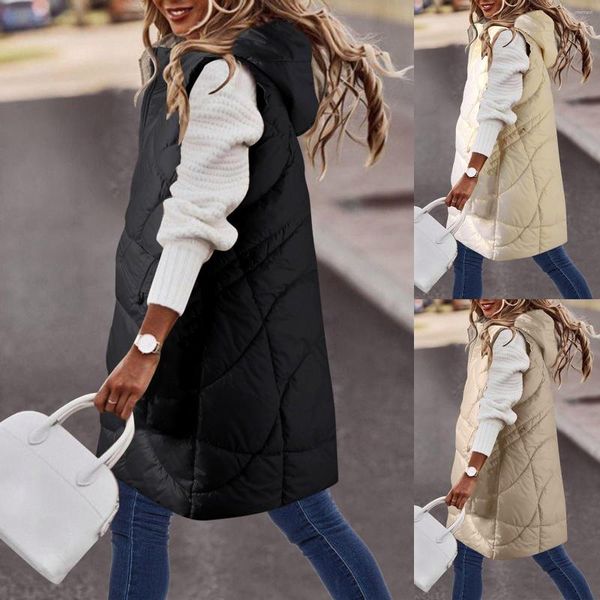 Gilet da donna nero autunno inverno donna lungo parka gilet caldo cerniera con cappuccio piumino parka donna gilet senza maniche giacca outwear L6