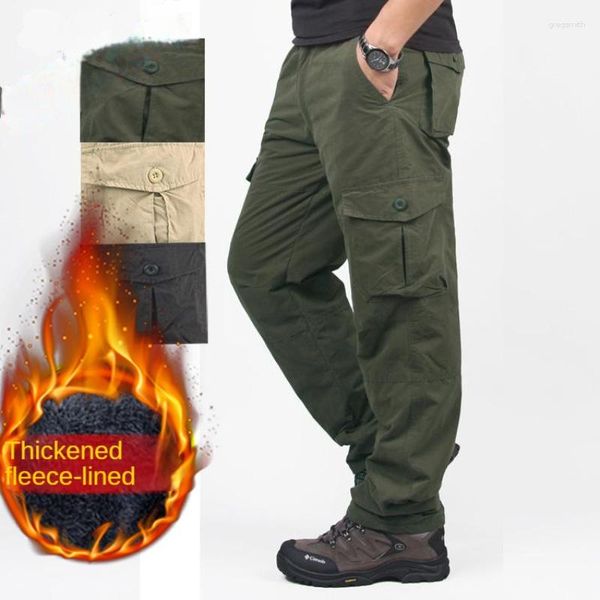 Pantaloni da uomo in pile spesso caldo inverno uomo doppio strato multi tasche pantaloni lunghi tattici cargo termici militari uomo