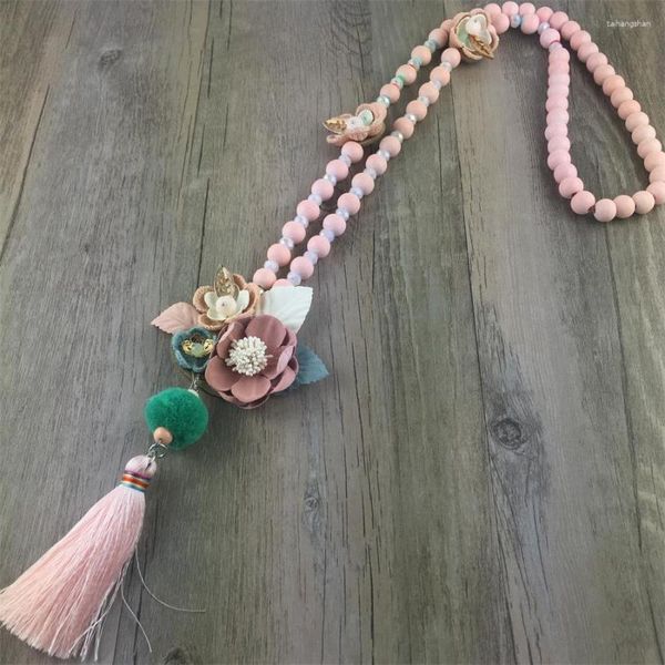 Collane con ciondolo Collana alla moda Collare Fiore Pendenti Alla moda Lunga catena di metallo grosso Dichiarazione Perlina di legno