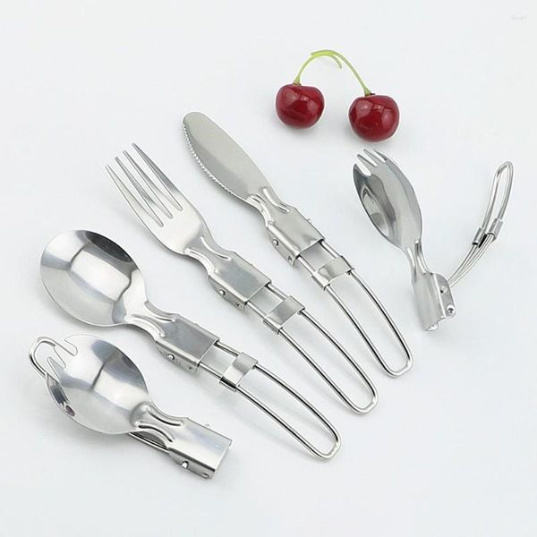 Set di stoviglie Pieghevoli Campeggio Cucchiaio da insalata Forchetta Coltelli Utensili Set di posate da picnic Stoviglie in acciaio inossidabile Utensili da viaggio per cucinare all'aperto