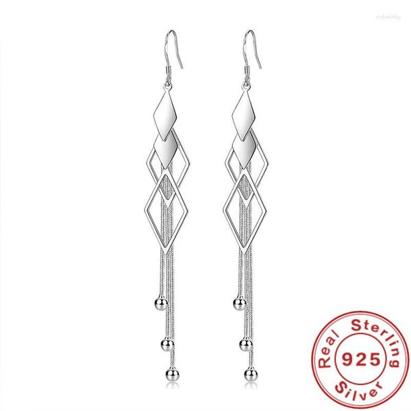 Orecchini a cerchio di alta qualità moda argento sterling 925 lungo a forma di diamante geometrico per i regali di gioielli con ciondoli da sposa da donna