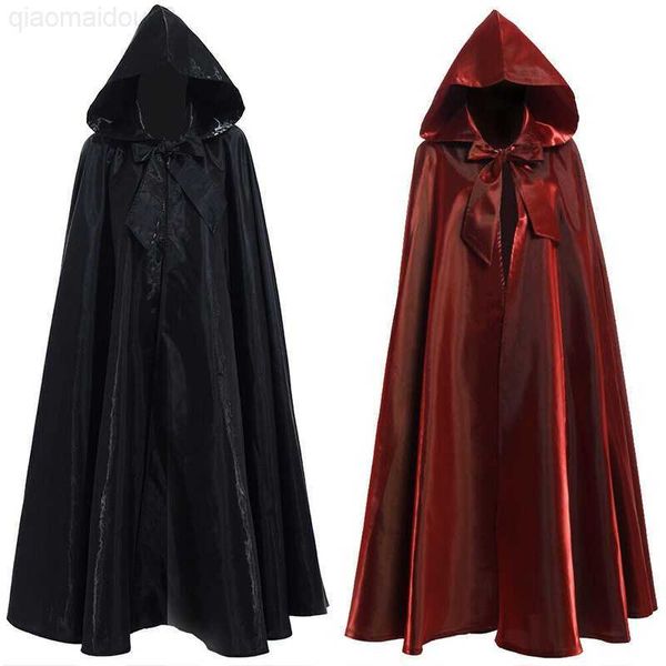 Thema Kostüm 2023 Halloween Party Cosplay Frau Männer Erwachsene Lange Held Hexerei Robe Kapuze Umhang Cosplay Satin Rot Mittelalterlichen Umhang L230804