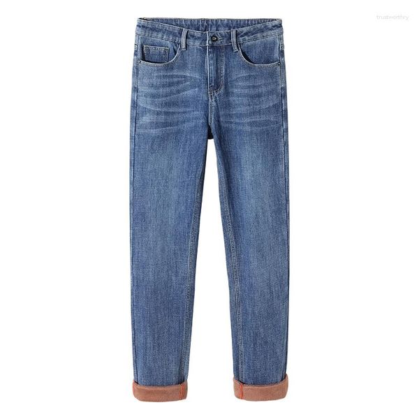 Jeans da uomo invernali felpati ispessiti caldi vintage marca classica retrò moda giovanile da uomo vestibilità gamba dritta pantaloni in denim elasticizzato casual