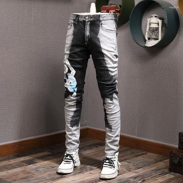 Jeans Masculino Moda de Rua Masculino de Alta Qualidade Preto Cinza Stretch Elástico Ajuste Justo Estampado Marca Designer Calças Hip Hop Hombre