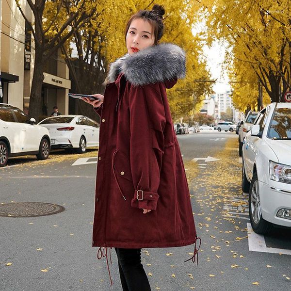 Damen-Daunen-lange rote elegante trendige Parkas mit Plüschfutter, großer warmer Kunstpelzkragen, Oberbekleidung, koreanischer solider Streetwear-Mantel, Gürtel-Design-Mäntel