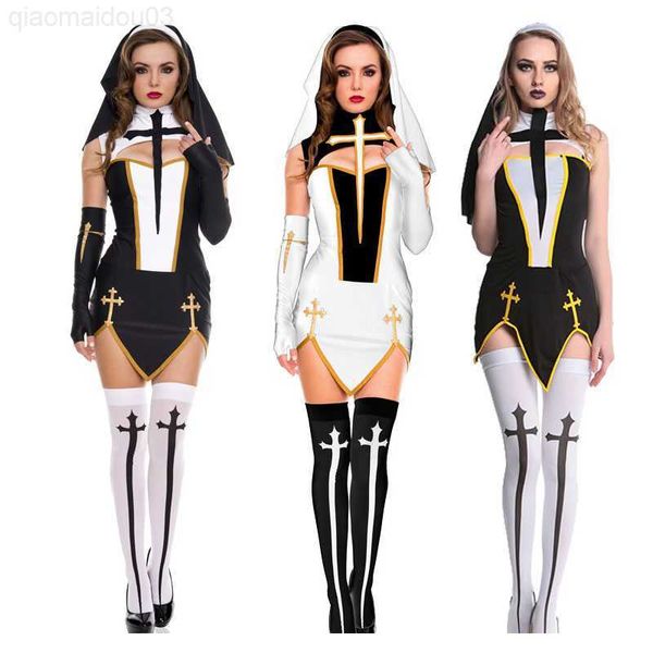 Tema Kostüm Aster Seksi Rahibe Gelin Yetişkin Kadınlar Cadılar Bayramı Partisi Cosplay Elbise Fantezi Kız Kardeş Parti Çoraplar Eldivenleri Hoodie L230804