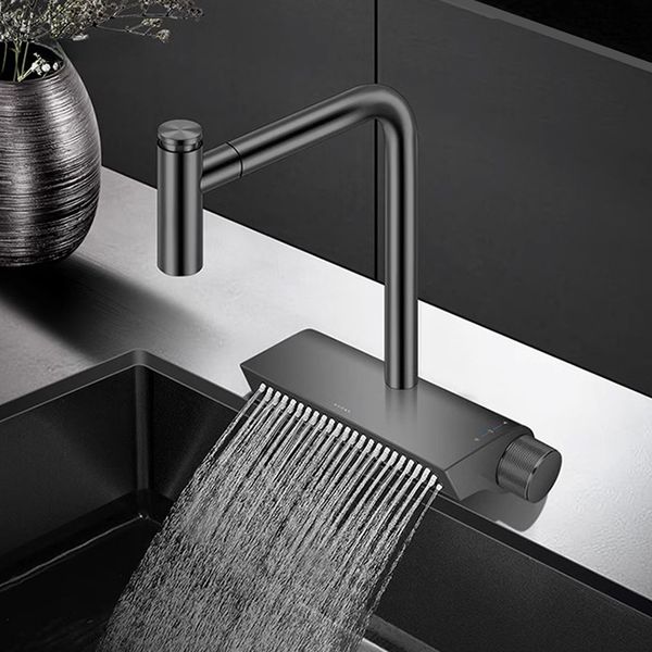 Rubinetto a cascata in ottone nero Rubinetto da cucina per acqua calda e fredda Interruttore a maniglia singola Estrarre Miscelatore da cucina a 360 gradi