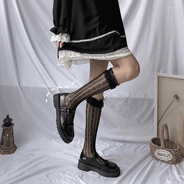 Damensocken, modisch, für Damen, Spitze über dem Knie, Lolita, durchsichtige Öse, oberschenkelhoch, süß, gerüscht, langer Strumpf, hautfreundlich