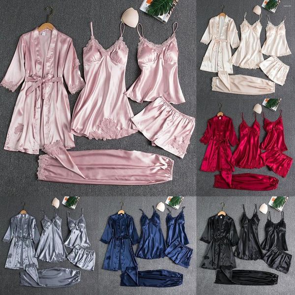 Damen-Nachtwäsche, Damen-Satin-Pyjama-Set, 5-teilig, seidenartige Spitze, getäfelt, sexy Frau, niedliches Nachthemd für Buchliebhaber