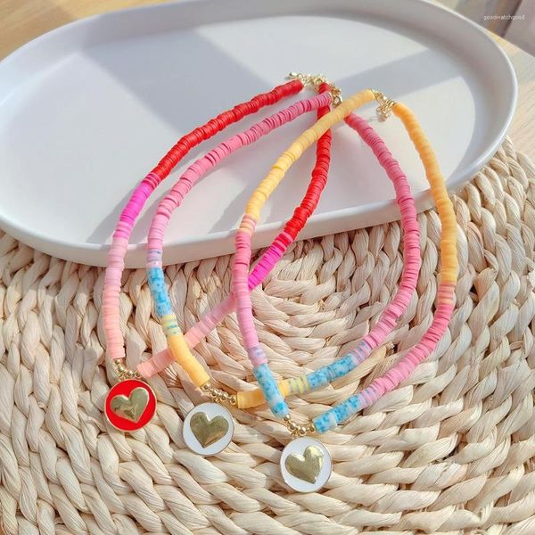 Girocollo All'ingrosso Smalto Cuore Ciondolo Neckalce Colorato Argilla Polimerica Heishi Collane Gioielli Boho Accessori Collare Boemo