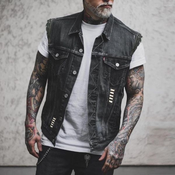 Herrenwesten Punk Casual Männer Mantel Denim Pferd Clip ärmellose Reversjacke für