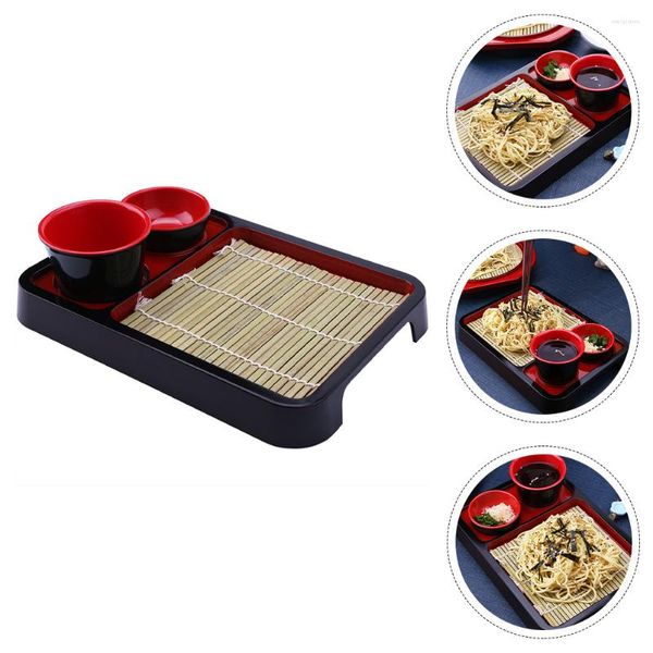 Set di stoviglie Pallet di legno Piatto di noodle freddi Stuoia di bambù Stoviglie in stile giapponese Vassoio rettangolare Tagliatelle che servono Abs