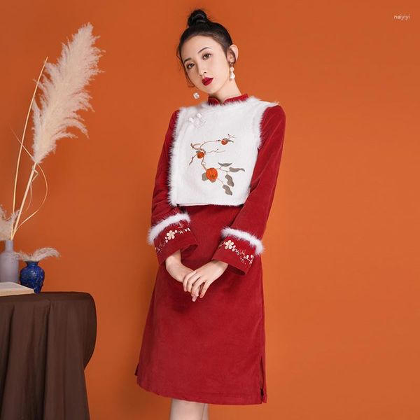 Этническая одежда, вышитая жилет, китайское платье с двумя частями женского стиля винтажное костюм Qipao