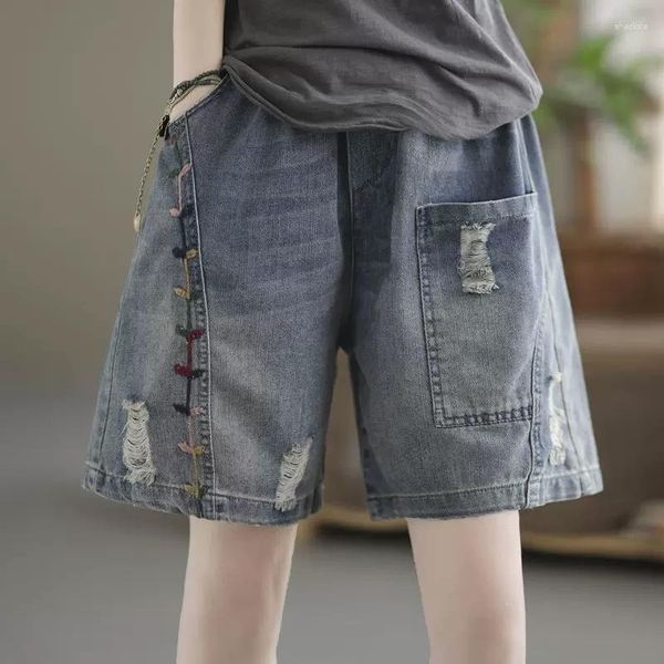 Damen-Shorts, bestickt, zerrissene Jeans, Damen-Kleidung, Sommer, Übergröße, lose Hose, weibliche Kleidung, Mini-Shorty, koreanischer Stil, Denim