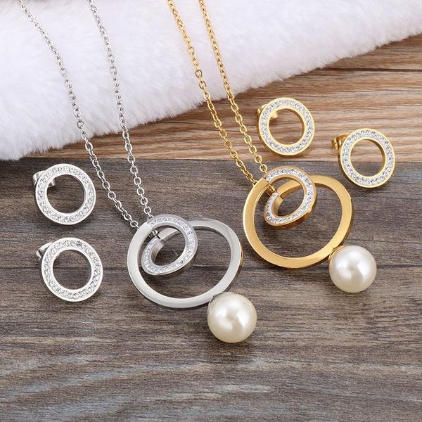 Collana Orecchini Set Fashion Trendy Pearl Crystal Wedding Party Color Gold Simulated Jewelry