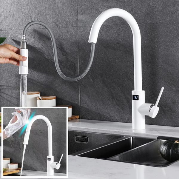 Küche Intelligente Wasserhahn Digitale Led Temperatur Display Weiß Heißer Kaltes Wasser Ziehen Touch Sensor Schaukel Waschbecken Wasserhahn