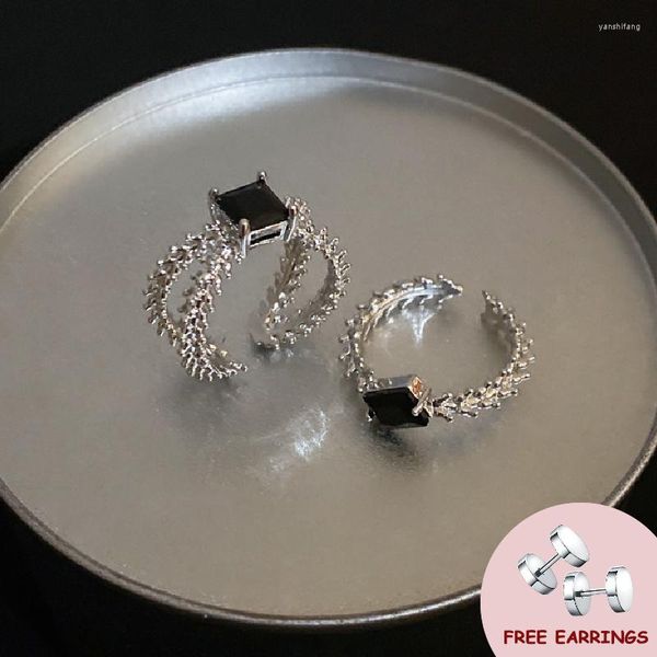 Cluster Anéis Estilo Coreano Anel Feminino Com Acessórios de Pedra Preciosa Zircão Preto 925 Jóias de Prata Para Casamento Promsie Festa Presente Dedo