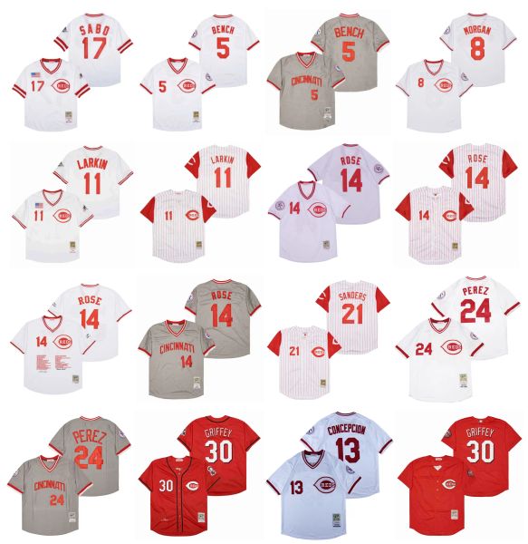 Cincinnati''Reds''Mitchell e Ness Throwback Baseball Jersey Pete Rose Johnny Bench Joe Morgan Larkin Concepcion Deion Sanders Tony