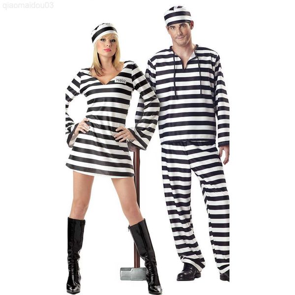 Thema Kostüm Halloween Kleid für Frauen Liebhaber Männer Kleidung Gefangene Verkleidung Erwachsene Karneval Maskerade Schwarz Weiß Streifen Jailbird Kommt L230804