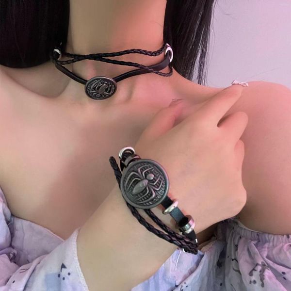 Choker Harajuku Vintage Geschnitzte Spinne Leder Halskette Für Frauen Dark Y2k Coole Trendy Armband Schmuck Punk Hip Hop Zubehör