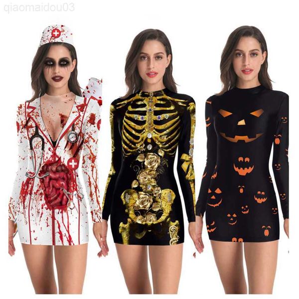 Costume a tema Abito da gioco di ruolo sanguinante per le donne Halloween Horror spaventoso Cosplay Arriva in poliestere Sexy Mini gotico Abbigliamento medievale americano L230804