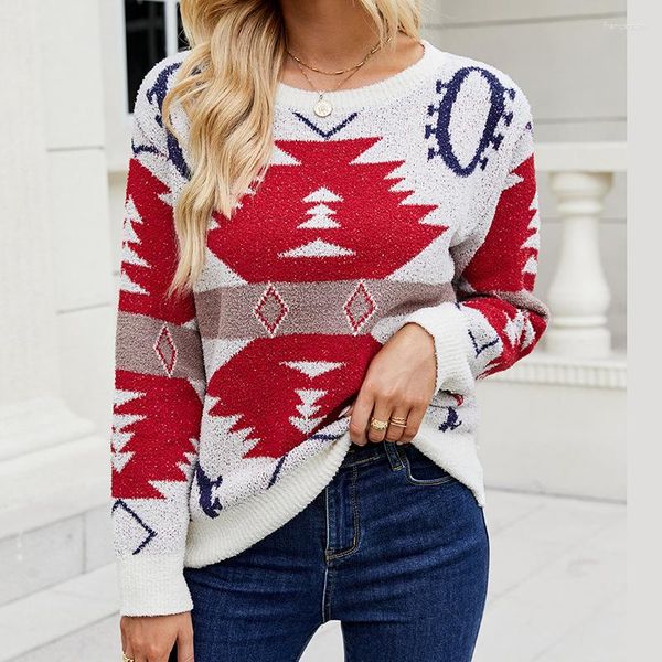 Женские свитера Контрастные трикотажные изделия 2023 Осень и зимний рождественский с длинными рукава