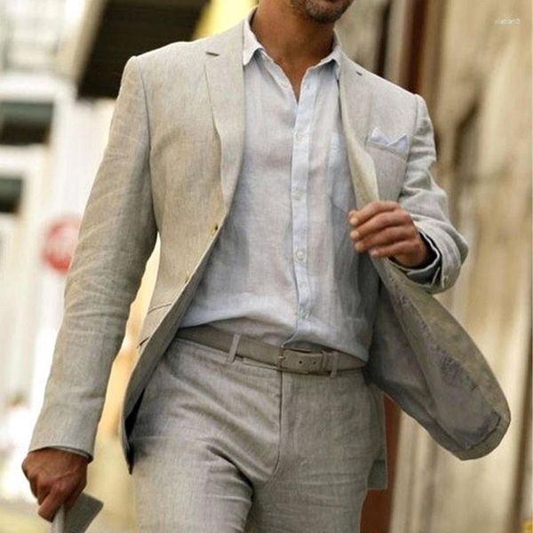 Abiti da uomo Grigio Lino Estate Uomo Per Matrimonio Prom 2 Pezzi Casual Sposo Smoking Uomo Moda Abbigliamento Maschile Set Giacca Con Pantaloni