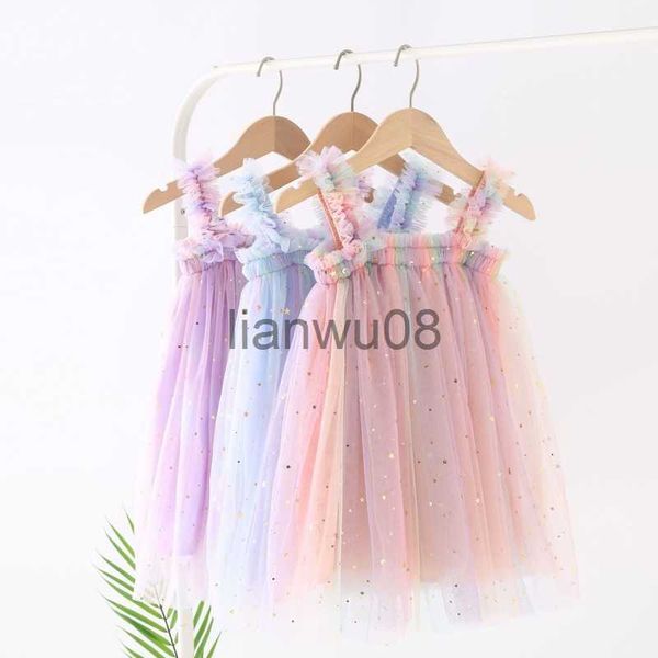 Abiti da ragazza Summer New Girls Paillettes Star Rainbow Sling Abiti Mesh Puffy Girls Birthday Party Dress Toddler Baby Photo Princess Dress 16T x0806