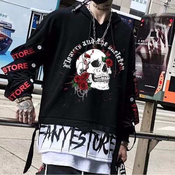 Herren Hoodies Streetwear Y2k Kleidung Bänder Brief Drucken Langarm Harajuku Gothic Casual Lose Sweatshirt High Street Übergroßen