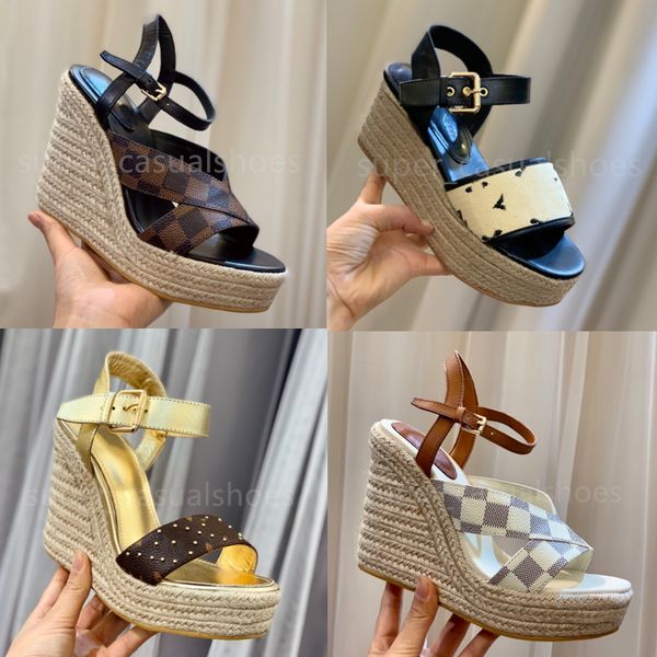 Kadınlar Sanayda Kama Sandallar Tasarımcı Moda Sandalet Saman Ayakkabı Açık Ayak Toe Platform Ayakkabı Kama Ayakkabı Saman Dip Kutusu 35-41