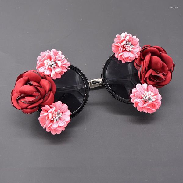 Óculos de sol INS DIY Feminino Festa Barroco Feito à Mão Retro Feminino Feminino Flores de Praia Rosa Redondo Óculos de Sol para Meninas UV400